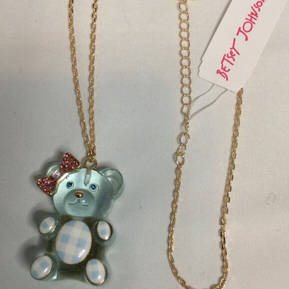 NWT BETSEY JOHNSON LIGHT BLUE GUMMY PINK BOW GOLD TONE CHAIN - Picture 4 of 7